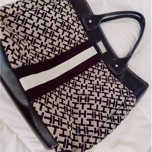 SOLD Tommy Hilfiger Logo Jacquard Leather Striped Tote Bag in Gray and Black